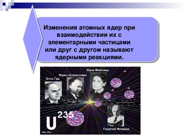 Изменения атомных ядер при взаимодействии их с элементарными частицами или друг с другом называют ядерными реакциями.