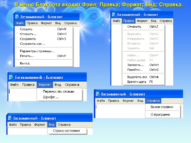 В меню Блокнота входят Файл; Правка; Формат; Вид; Справка.
