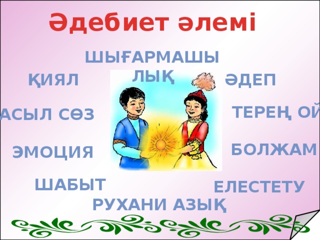 Әдебиет әлемі шығармашылық әдеп қиял Терең ой асыл сөз болжам эмоция шабыт елестету рухани азық