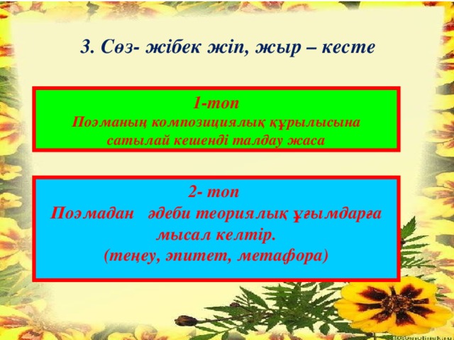 3. Сөз- жібек жіп, жыр – кесте  1-топ Поэманың композициялық құрылысына сатылай кешенді талдау жаса 2- топ Поэмадан әдеби теориялық ұғымдарға мысал келтір. (теңеу, эпитет, метафора)