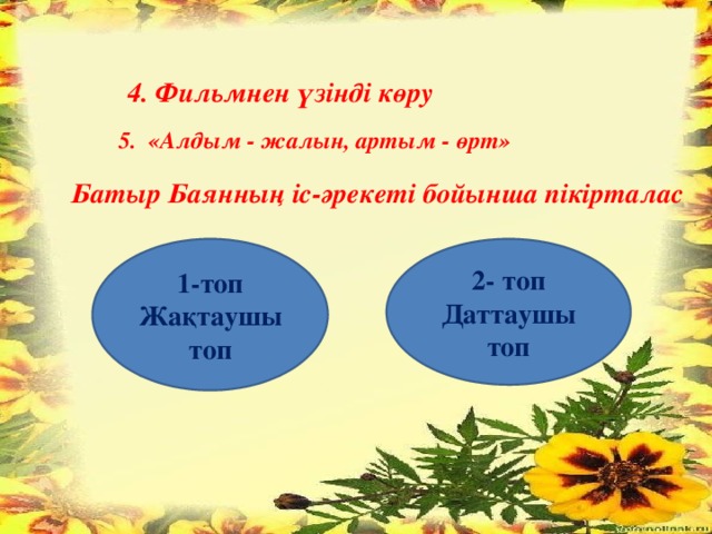 4. Фильмнен үзінді көру 5. «Алдым - жалын, артым - өрт»  Батыр Баянның іс-әрекеті бойынша пікірталас 1-топ 2- топ Жақтаушы топ Даттаушы топ