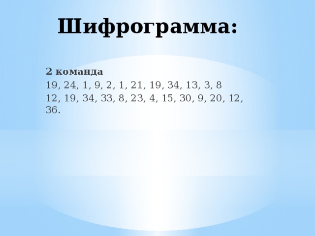 Шифрограмма: 2 команда 19, 24, 1, 9, 2, 1, 21, 19, 34, 13, 3, 8 12, 19, 34, 33, 8, 23, 4, 15, 30, 9, 20, 12, 36.