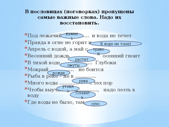 В пословицах (поговорках) пропущены самые важные слова. Надо их восстановить. Под лежачий …………… и вода не течет Правда в огне не горит и …………………. Апрель с водой, а май с ………… Весенний дождь …………, осенний гноит В тихой воде……………….. Глубоки Мокрый …………… не боится Рыба в реке – не в …………. Много воды ………… с тех пор Чтобы выучиться……………., надо лезть в воду Где воды не было, там…………. камень В воде не тонет травой растит омуты дождя руке утекло Плавать сухо