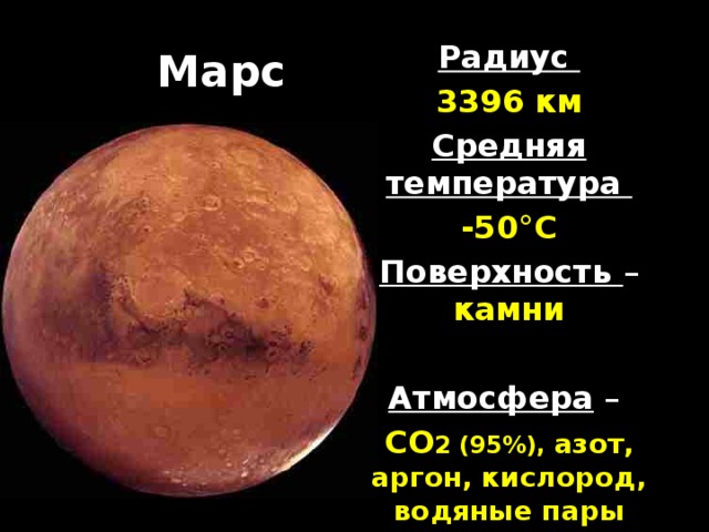 Марс Радиус 3396 км Средняя температура -50°С Поверхность –  камни  Атмосфера  – СО 2 (95%), азот, аргон, кислород, водяные пары