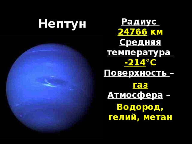 Нептун Радиус  24766 км  Средняя температура  -214 °С  Поверхность –  газ  Атмосфера  – Водород, гелий, метан