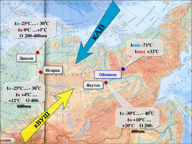t я -25 0 C …  - 30 0 C  t и 0 0 C …+5 о C  О  200-400мм t min  - 71 0 C t max  + 33 о C Диксон Игарка Оймякон Якутск t я -25 0 C …  - 30 0 C  t и +4 0 C …+12 о C  О  400-600мм t я -30 0 C …  - 40 0 C  t и +10 0 C …+20 о C  О  200-400мм