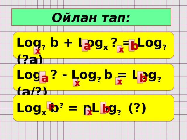 Ойлан тап: Log ? b + Log x  ? = Log ? (?a) а b х х Log x ? - Log ?  b = Log ? (a/?) а b х х Log x b ? = pLog ? (?) p b х