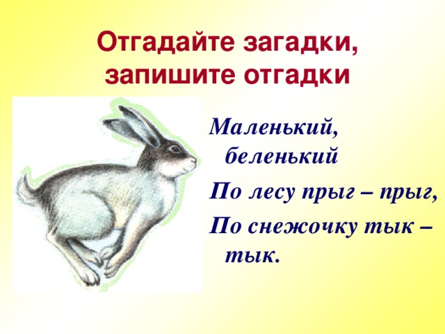 Отгадайте загадки, запишите отгадки Маленький,     беленький По лесу прыг – прыг, По снежочку тык – тык.