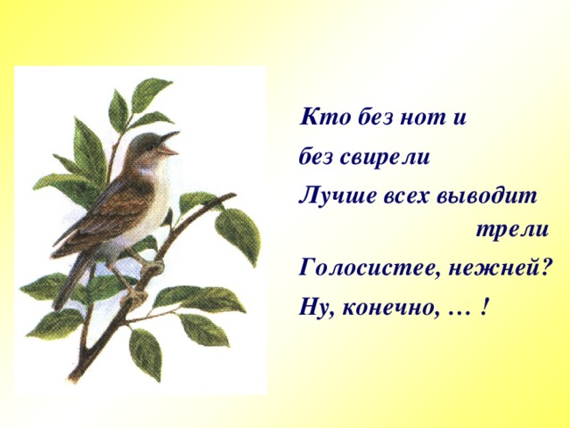 Кто без нот и  без свирели  Лучше всех выводит трели  Голосистее, нежней?  Ну, конечно, … !