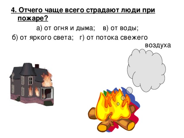 4. Отчего чаще всего страдают люди при пожаре?  а) от огня и дыма; в) от воды; б) от яркого света; г) от потока свежего воздуха