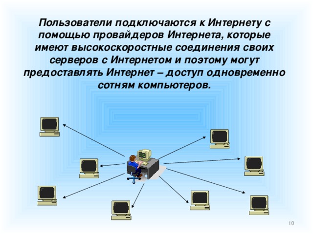 Пользователи подключаются к Интернету с помощью провайдеров Интернета, которые имеют высокоскоростные соединения своих серверов с Интернетом и поэтому могут предоставлять Интернет – доступ одновременно сотням компьютеров.