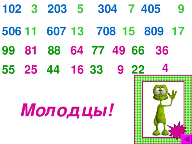 304 405 9 7 102 3 203 5  15 17 607 708 13 809 11 506 99  81  88  64 49 66 77 36  4 55 22  9 33 16 44 25 Молодцы!