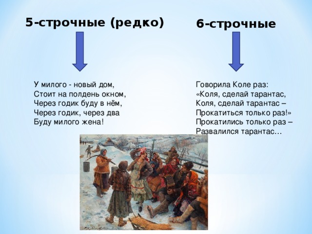 5-строчные (редко) 6-строчные У милого - новый дом, Стоит на полдень окном, Через годик буду в нём, Через годик, через два Буду милого жена! Говорила Коле раз: «Коля, сделай тарантас, Коля, сделай тарантас – Прокатиться только раз!» Прокатились только раз – Развалился тарантас…