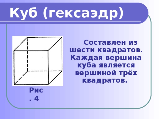 Куб (гексаэдр)  Составлен из шести квадратов. Каждая вершина куба является вершиной трёх квадратов. Рис. 4
