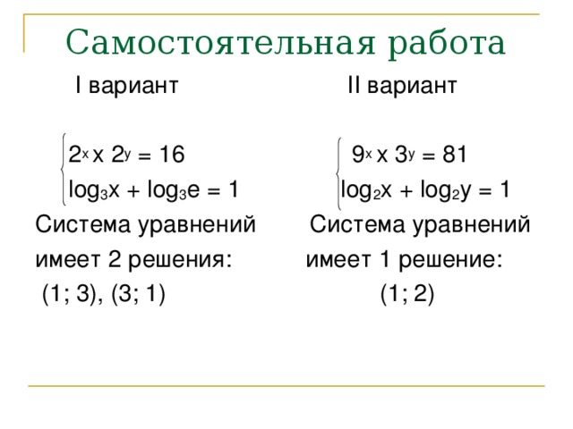 I вариант II вариант  2 х х 2 у = 16 9 х х 3 у = 81  log 3 x + log 3 e = 1 log 2 x + log 2 y = 1 Система уравнений Система уравнений имеет 2 решения: имеет 1 решение:  (1; 3), (3; 1) (1; 2)