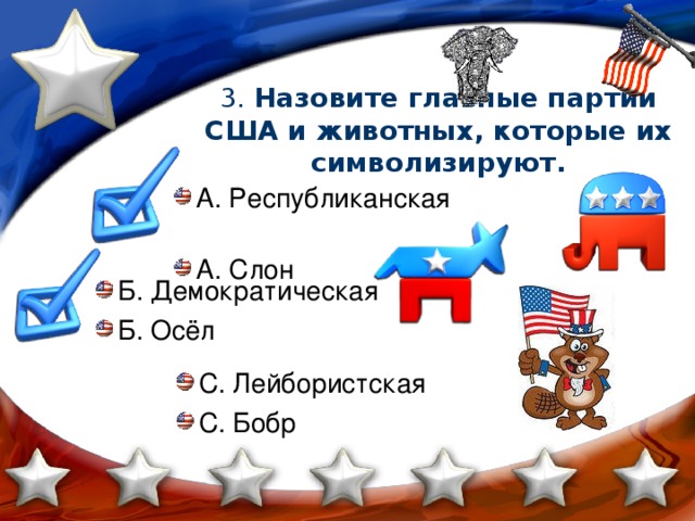 3. Назовите главные партии США и животных, которые их символизируют.