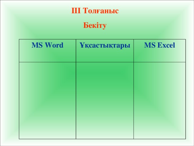ІІІ Толғаныс Бекіту MS Word Ұқсастықтары MS Excel