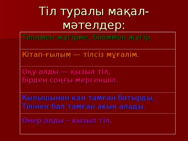 Тіл туралы мақал-мәтелдер : Тіліңмен жүгірме, біліммен жүгір. Кітап-ғылым — тілсіз мұғалім. Оқу алды — қызыл тіл,  бірден соңғы мергеншіл. Кылышынан кан тамған батырды,  Тілінен бал тамған акын алады. Өнер алды – кызыл тіл .