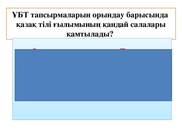 ҰБТ тапсырмаларын орындау барысында  қазақ тілі ғылымының қандай салалары қамтылады? Фонетика Лексика  Сөзжасам Морфология