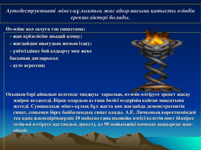 Аутодеструктивті мінез-құлықтың жас айырмасына қатысты өзіндік ерекшеліктері болады. Өз-өзіне қол салуға тән сипаттама:  - жан күйзелісіне шыдай алмау;  - жағдайдан шығудың жолын іздеу;  - үмітсіздікке бой алдырту мен жеке  басының дағдарысы;  - ауто агрессия;    Осының бәрі айналып келгенде таңдауы тарылып, өз-өзін өлтіруге әрекет жасау жиірек кездеседі. Бірақ олардың аз ғана бөлігі өздерінің қойған мақсатына жетеді. Суициалдық мінез-құлық бұл жаста көп жағдайда демонстративтік сипат, сонымен бірге байбаламдық сипат алады. А.Е. Личконың көрсеткеніндей тек қана жасөспірімдердің 10 пайызы ғана шынайы өлгісі келетін ниет білдірсе (өзін-өзі өлтіруге қастандық әрекет), ал 90 пайызынікі көмекке шақырған жан-айқай.