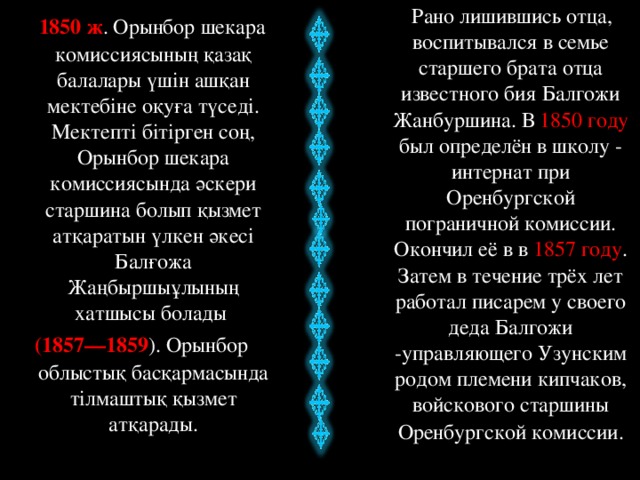 Рано лишившись отца, воспитывался в семье старшего брата отца известного бия Балгожи Жанбуршина. В 1850 году был определён в школу - интернат при Оренбургской пограничной комиссии. Окончил её в в 1857 году . Затем в течение трёх лет работал писарем у своего деда Балгожи -управляющего Узунским родом племени кипчаков, войскового старшины Оренбургской  комиссии.  1850 ж . Орынбор шекара комиссиясының қазақ балалары үшін ашқан мектебіне оқуға түседі. Мектепті бітірген соң, Орынбор шекара комиссиясында әскери старшина болып қызмет атқаратын үлкен әкесі Балғожа Жаңбыршыұлының хатшысы болады (1857—1859 ). Орынбор облыстық басқармасында тілмаштық қызмет атқарады.