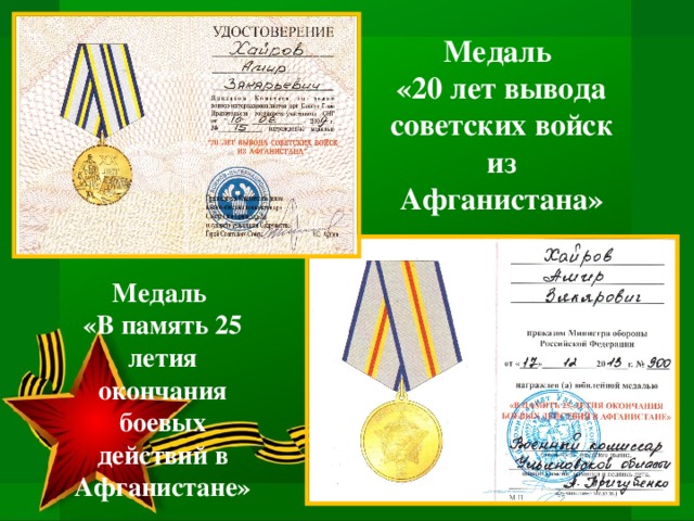 Медаль «20 лет вывода советских войск из Афганистана» Медаль «В память 25 летия окончания боевых действий в Афганистане»