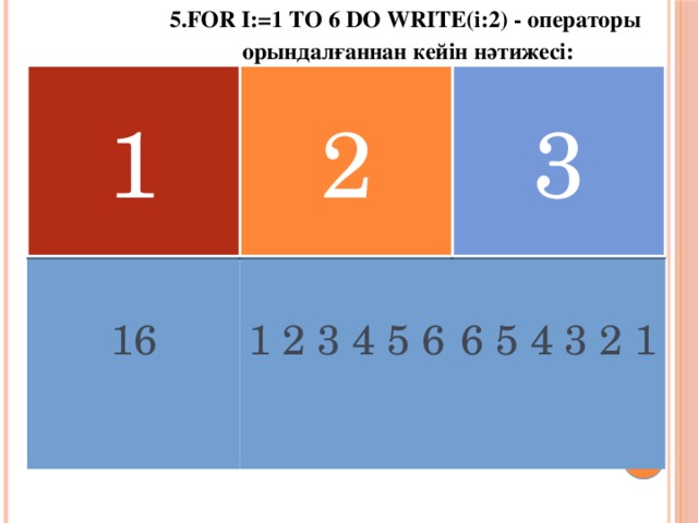 5.FOR I:=1 TO 6 DO WRITE(i:2) - операторы орындалғаннан кейін нәтижесі: 1 2 3 16 1 2 3 4 5 6 6 5 4 3 2 1