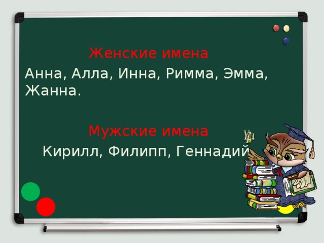 Женские имена Анна, Алла, Инна, Римма, Эмма, Жанна. Мужские имена Кирилл, Филипп, Геннадий.