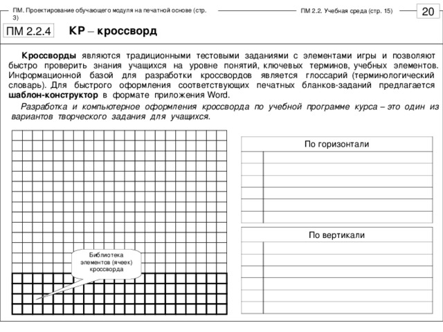 ПМ. Проектирование обучающего модуля на печатной основе (стр. 3) ПМ 2.2. Учебная среда (стр. 15) КР  кроссворд  Кроссворды являются традиционными тестовыми заданиями с элементами игры и позволяют быстро проверить знания учащихся на уровне понятий, ключевых терминов, учебных элементов. Информационной базой для разработки кроссвордов является глоссарий (терминологический словарь). Для быстрого оформления соответствующих печатных бланков-заданий предлагается шаблон-конструктор в формате приложения Word .  Разработка и компьютерное оформления кроссворда по учебной программе курса  это один из вариантов творческого задания для учащихся.  По горизонтали По вертикали Библиотека элементов (ячеек) кроссворда