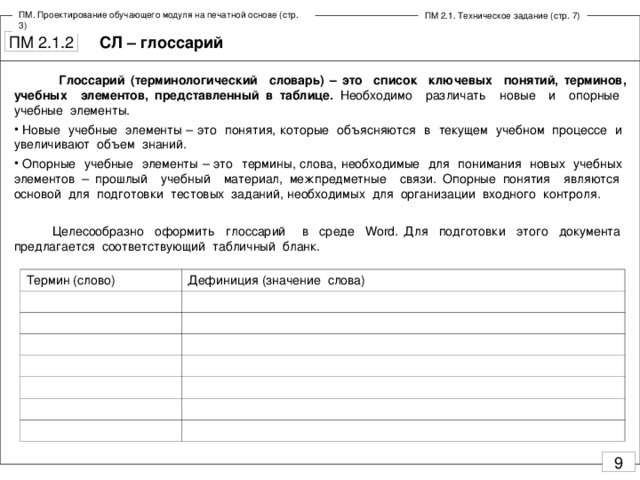 ПМ. Проектирование обучающего модуля на печатной основе (стр. 3) ПМ 2.1. Техническое задание (стр. 7) СЛ – глоссарий  Глоссарий (терминологический словарь) – это список ключевых понятий, терминов, учебных элементов, представленный в таблице. Необходимо различать новые и опорные учебные элементы.  Новые учебные элементы – это понятия, которые объясняются в текущем учебном процессе и увеличивают объем знаний.  Опорные учебные элементы – это термины, слова, необходимые для понимания новых учебных элементов – прошлый учебный материал, межпредметные связи. Опорные понятия являются основой для подготовки тестовых заданий, необходимых для организации входного контроля.  Целесообразно оформить глоссарий в среде Word . Для подготовки этого документа предлагается соответствующий табличный бланк. Термин (слово) Дефиниция (значение слова)