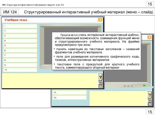 ИМ. Структура интерактивного обучающего модуля (стр. 01)  Предлагается о чень интересный интерактивный шаблон, обеспечивающий возможность совмещения функций меню и структурированного учебного материала. На фрейме предусмотрено три зоны: