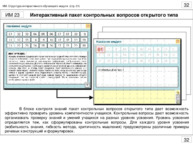 ИМ. Структура интерактивного обучающего модуля (стр. 01) Интерактивный пакет контрольных вопросов открытого типа  В блоке контроля знаний пакет контрольных вопросов открытого типа дает возможность эффективно проверить уровень компетентности учащихся. Контрольные вопросы дают возможность организовать проверку знаний и умений учащихся на разных уровнях усвоения. Уровень усвоения определяется тем, как сформулированы контрольные вопросы. Для каждого уровня усвоения (мобильность знания, гибкость метода, критичность мышления) предусмотрены различные примеры речевых конструкций и формулировок.