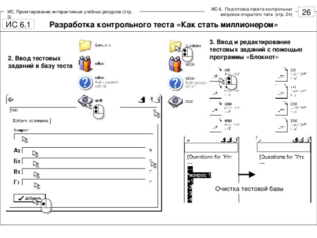 ИС 6. Подготовка пакета контрольных вопросов открытого типа (стр. 24) ИС. Проектирование интерактивных учебных ресурсов (стр. 3) Разработка контрольного теста «Как стать миллионером» 3. Ввод и редактирование тестовых заданий с помощью программы «Блокнот» 2. Ввод тестовых заданий в базу теста Очистка тестовой базы