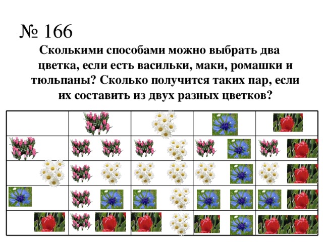 № 166 Сколькими способами можно выбрать два цветка, если есть васильки, маки, ромашки и тюльпаны? Сколько получится таких пар, если их составить из двух разных цветков?