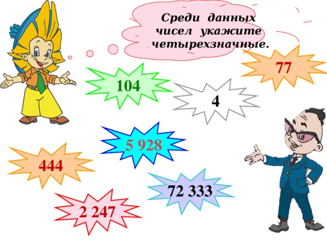 Среди данных чисел укажите четырехзначные. 77 104 4 5 928 444 72 333 2 247