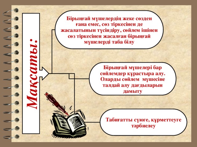 Мақсаты: Бірыңғай мүшелердің жеке сөзден ғана емес, сөз тіркесінен де жасалатынын түсіндіру, сөйлем ішінен сөз тіркесінен жасалған бірыңғай мүшелерді таба білу Бірыңғай мүшелері бар сөйлемдер құрастыра алу. Оларды сөйлем мүшесіне талдай алу дағдыларын дамыту Табиғатты сүюге, құрметтеуге тәрбиелеу