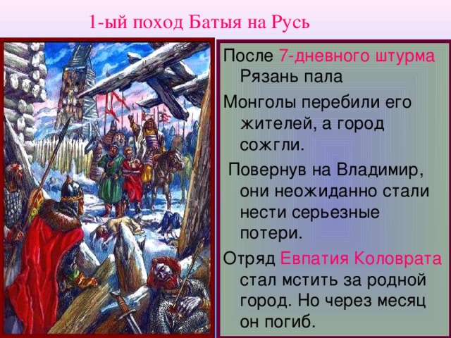 1-ый поход Батыя на Русь После 7-дневного штурма Рязань пала Монголы перебили его жителей, а город сожгли.  Повернув на Владимир, они неожиданно стали нести серьезные потери. Отряд Евпатия Коловрата стал мстить за родной город. Но через месяц он погиб.