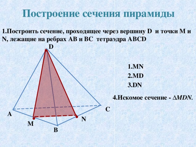 Построение сечения пирамиды 1.Построить сечение, проходящее через вершину D и точки М и N , лежащие на ребрах AB и BC тетраэдра ABCD D •  1.MN 2.MD 3.DN 4.Искомое сечение - ∆ MDN. C A •  •  N M B