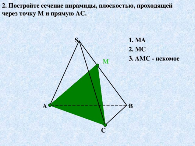 2. Постройте сечение пирамиды, плоскостью, проходящей через точку М и прямую АС. 1. МА S 2. МС 3.  АМС - искомое М А↔М, т.к.А є( ABS)  и М є ( ABS)  С↔М, т.к.Сє( С BS)  и М є (С BS)  АМС- искомое сечение. ( по т.15.1)   А В С