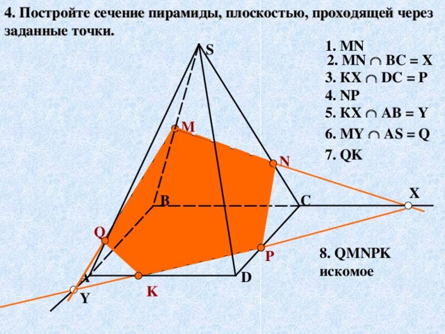 4. Постройте сечение пирамиды, плоскостью, проходящей через заданные точки. 1 . MN S 2. MN   ВС = Х 3. КХ    D С = Р 4. NP 5 . КХ    АВ = Y M 6. MY  AS = Q 7. QK N X B C Q 8. QMNPK искомое P D А K Y