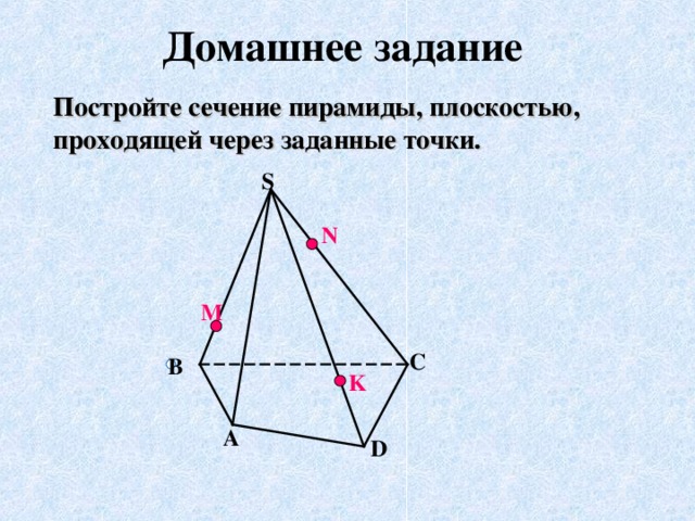 Домашнее задание Постройте сечение пирамиды, плоскостью, проходящей через заданные точки. S N М C B K A D