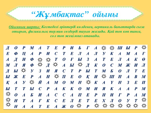 “ Жұмбақтас” ойыны Ойынның шарты: Кестедегі әріптерді көлденең, вертикаль бағыттарда сыза отырып, физикалық термин сөздерді тауып жазады. Қай топ көп тапса, сол топ жеңімпаз атанады. 25