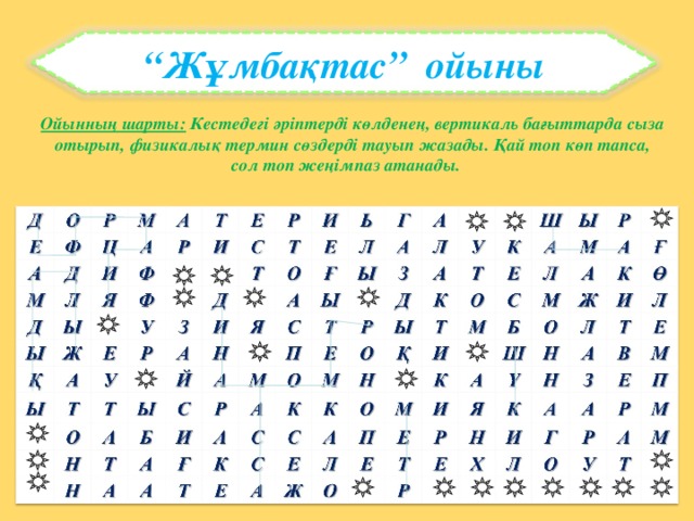 “ Жұмбақтас” ойыны Ойынның шарты: Кестедегі әріптерді көлденең, вертикаль бағыттарда сыза отырып, физикалық термин сөздерді тауып жазады. Қай топ көп тапса, сол топ жеңімпаз атанады. 26