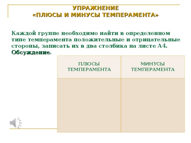 УПРАЖНЕНИЕ  «ПЛЮСЫ И МИНУСЫ ТЕМПЕРАМЕНТА»   Каждой группе необходимо найти в определенном типе темперамента положительные и отрицательные стороны, записать их в два столбика на листе А4.  Обсуждение .     ПЛЮСЫ ТЕМПЕРАМЕНТА     МИНУСЫ ТЕМПЕРАМЕНТА    