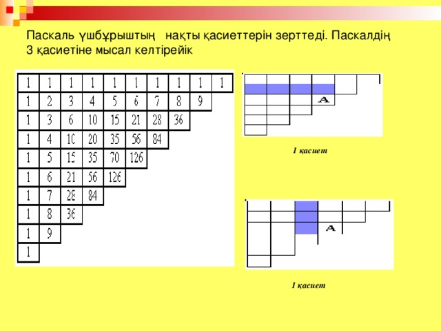 Паскаль үшбұрыштың нақты қасиеттерін зерттеді. Паскалдің  3 қасиетіне мысал келтірейік 1 қасиет 1 қасиет