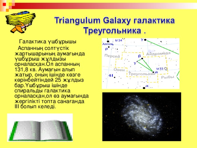 Галактика үшбұрышы  Аспанның солтүстік жартышарының аумағында үшбұрыш жұлдызы орналасқан.Ол аспанның 131,8 кв. Аумағын алып жатыр, оның ішінде көзге көрінбейтіндей 25 жұлдыз бар.Үшбұрыш ішінде спиральды галактика орналасқан,ол өз аумағында жергілікті топта санағанда ІІІ болып келеді.