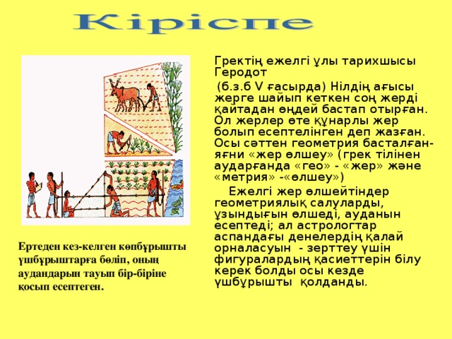 Грект ің ежелгі ұлы тарихшысы Геродот  (б.з.б V ғасырда) Нілдің ағысы жерге шайып кеткен соң жерді қайтадан өңдей бастап отырған. Ол жерлер өте құнарлы жер болып есептелінген деп жазған. Осы сәттен геометрия басталған- яғни «жер өлшеу» (грек тілінен аударғанда «гео» - «жер» және «метрия» -«өлшеу»)  Ежелгі жер өлшейтіндер геометриялық салуларды, ұзындығын өлшеді, ауданын есептеді; ал астрологтар аспандағы денелердің қалай орналасуын - зерттеу үшін фигуралардың қасиеттерін білу керек болды осы кезде үшбұрышты қолданды.           Ертеден кез-келген көпбұрышты үшбұрыштарға бөліп, оның аудандарын тауып бір-біріне қосып есептеген.