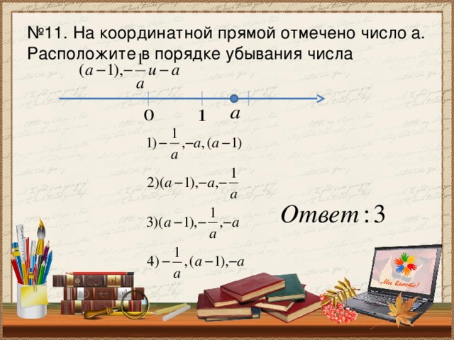 № 11. На координатной прямой отмечено число а. Расположите в порядке убывания числа