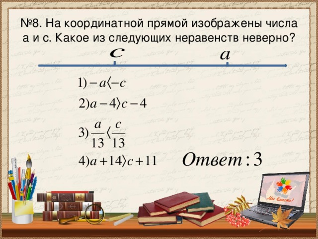 № 8. На координатной прямой изображены числа а и с. Какое из следующих неравенств неверно?