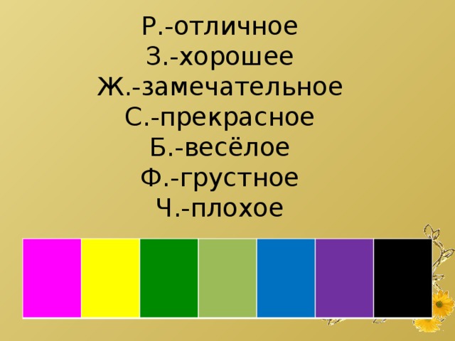 Р.-отличное  З.-хорошее  Ж.-замечательное  С.-прекрасное  Б.-весёлое  Ф.-грустное  Ч.-плохое